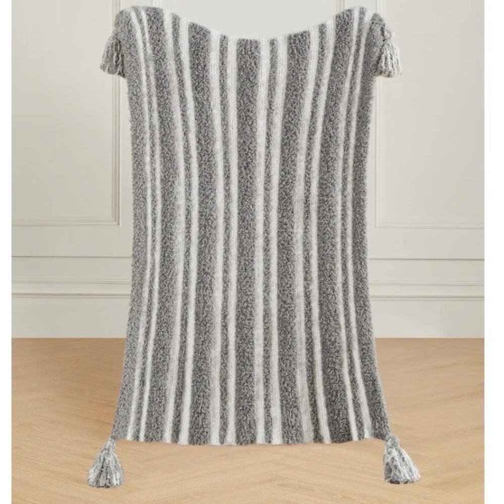 Styled Collection Pewter‎ Charcoal Gray 3D Stripes Tassel Stroller Blanket NEW